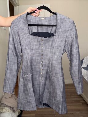 cult gaia Gray Plaid Mini Dress with Square Neck
